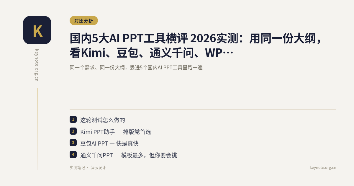 国内5大AI PPT工具横评 2026实测：用同一份大纲，看Kimi、豆包、通义千问、WPS AI、百度文库谁出活最利索