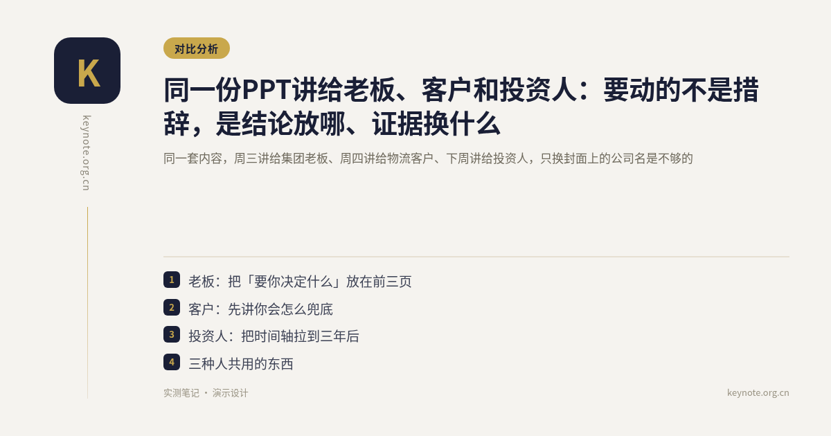 同一份PPT讲给老板、客户和投资人：要动的不是措辞，是结论放哪、证据换什么